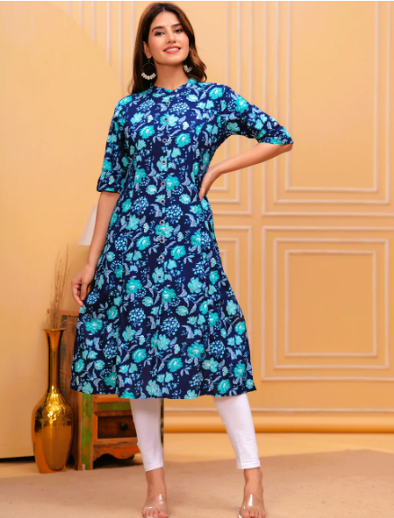 Floral Print Cotton Kurti – Blue