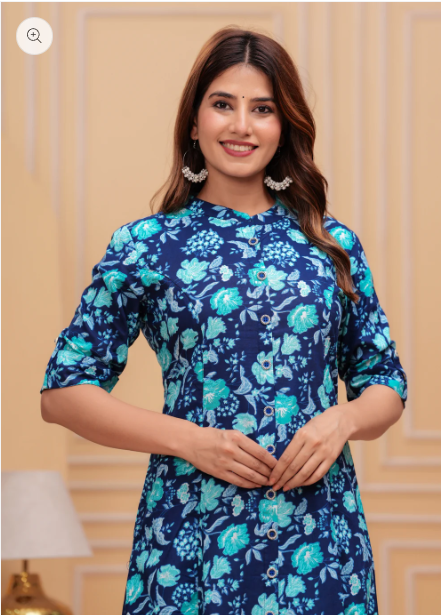 Floral Print Cotton Kurti – Blue